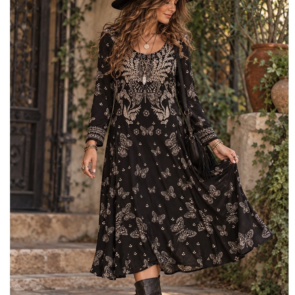 Johnny Was Womens S Janie Midi Dress Black Butterfly Moth Print Boho Whimsigoth